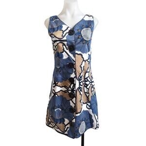 Elizabeth McKay Size 4 Sheath Mini Dress Blue White Tan Floral Floral Sleeveless